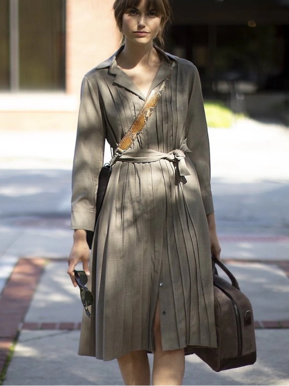 Calvin Klein Taupe Pleated Midi Shirt Dress with Waist Tie